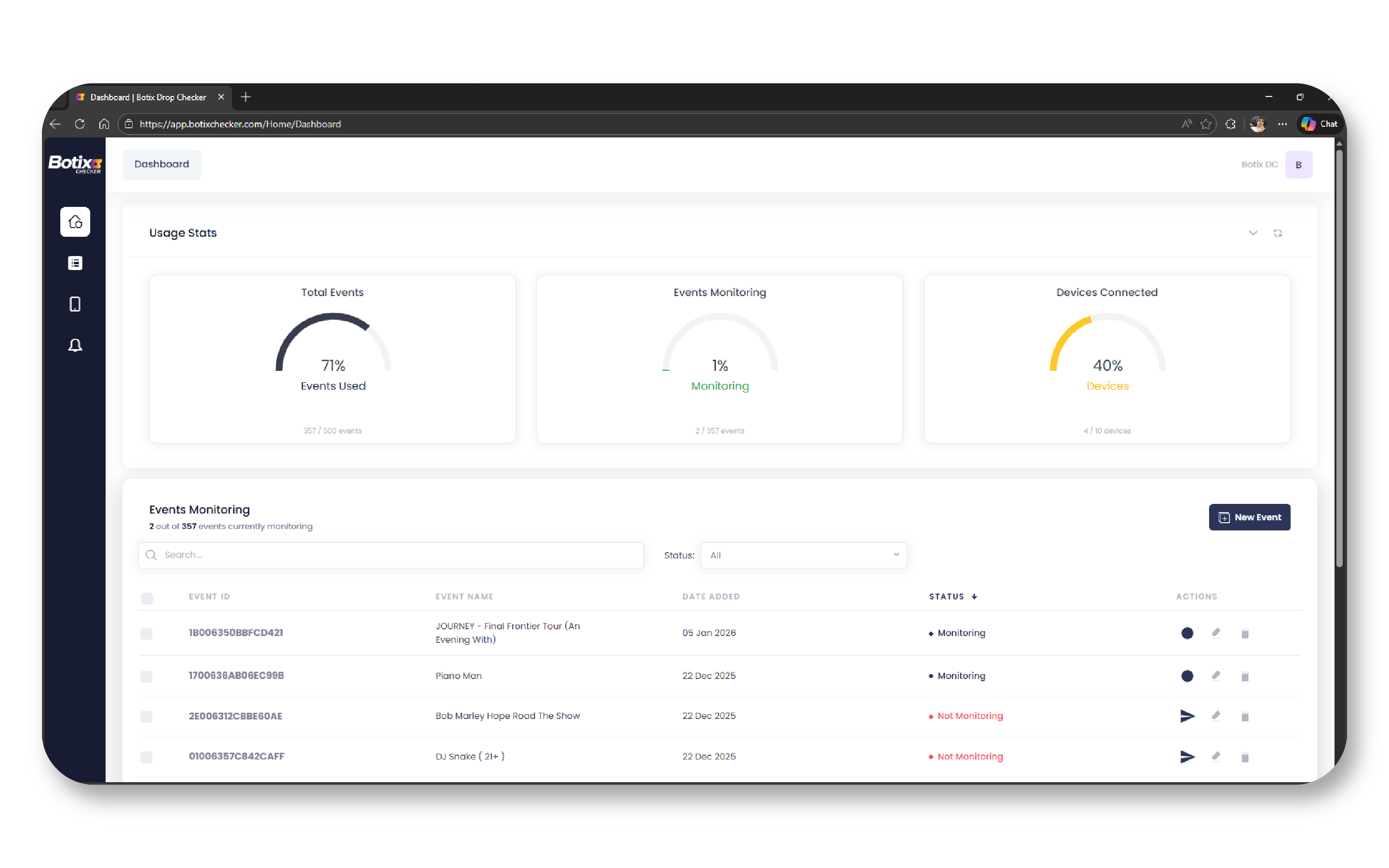 Ticketmaster drop checker dashboard showing real-time seat availability